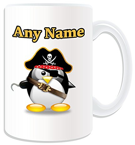 Personalisierbares Geschenk – Große Tasse mit Piratenkapitän, Pinguin im Kostüm-Design, weiß, Name Nachricht, einzigartig, lustig, Karibik-Jack-Sparrow-Mütze, Schatz-Augenklappe, Einäugige
