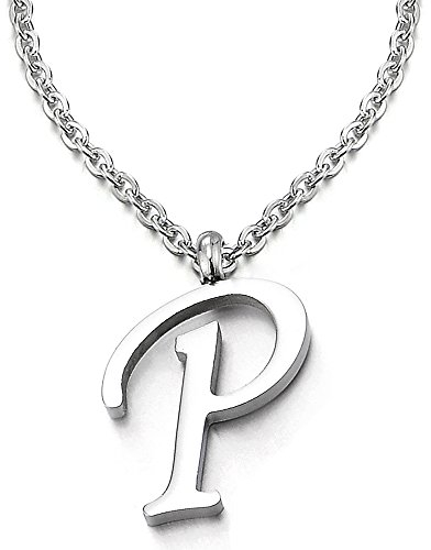 COOLSTEELANDBEYOND Name Initiale Alphabet Buchstaben A bis Z Anhänger Edelstah Halskette für Damen Herren mit 50cm Stahl Seil-Kette - P