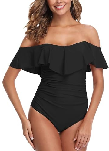 ZINPRETTY Maillot de bain une pièce rétro pour femme - Contrôle du ventre - Épaules dénudées - Monokini à volants - Couverture complète, Taille L