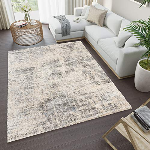 TAPISO Versay Teppich Shaggy Langflor Hochflor Modern Design Creme Hellgrau Splash Leinwand Optik Meliert Wohnzimmer Schlafzimmer ÖKOTEX 160 x 230 cm