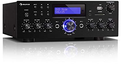 auna AMP-5 BT - HiFi-Verstärker, Bluetooth-Verstärker, Ausgangsleistung: 2 x 50 Watt RMS, USB/SD, AUX-In, DVD-In, CD-In, 2 x Mikrofon-Anschluss, Recorder-Ausgang, LED-Display, Fernbedienung, schwarz