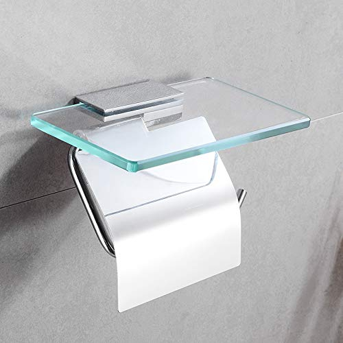 Toilettenpapierhalter Klopapierhalter WC Rollenhalter Klopapierhalter mit Glasregal, an der Wand montierter klorollenhalter papier halterung aus Chromlegierung Glas Badezimmer zubehör