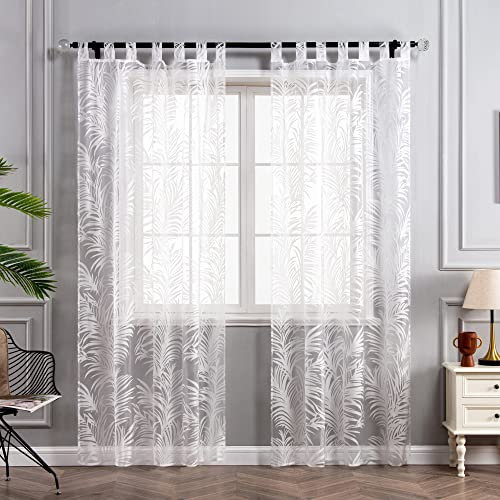 Delien Voile Ausbrenner Gardine mit Blätter Muster transparenter Vorhang mit Schlaufen Wohnzimmer Gardinenschals BxH 140x175cm Weiß 1 St.
