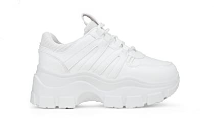 BOSANOVA Zapatillas con Total Look Blanco, Detalle de Trekking en los Cordones y Ligera Suela de Plataforma de 6,5 cm. Cierre con Cordones. Calzado para Mujer Blanco 36