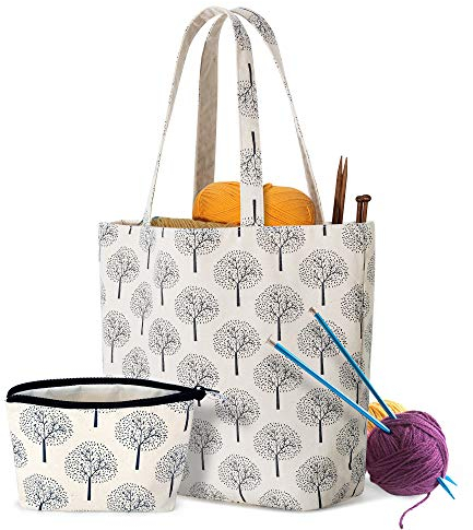 Yarwo Borsa per Lavoro a Maglia e Uncinetto con Una Piccola Borsa in più, Borsa Tote in Tela per Lana Gomitolo, Ferri da Maglia o Altre Forniture per Lavoro a Maglia e Uncinetto, Albero(Solo Borsa)