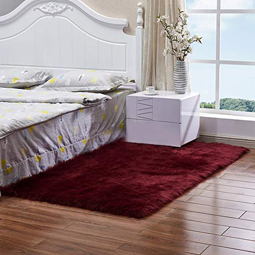 Faux Lammfell Teppich Shaggy Langflor Kunstfell Schaffell Bereich Teppiche Flauschig Bettvorleger Sofa Matte Rechteckiger Wohnzimmer Schlafzimmer Bodenmatte Rutschfest Stufenmatten Weinrot 100x180CM