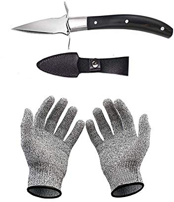 Ensemble couteau à huîtres et gants résistants aux coupures, ouvre-huîtres et gants de protection pour coquillages ou fromages à pâte dure - Oyster Knife (cuisine, jardinage, DIY) (Noir, Milieu)