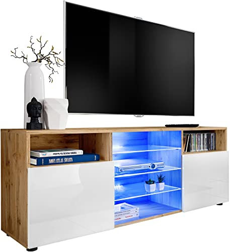 ExtremeFurniture T38 TV Lowboard, Karkasse in Wotan Matt/Front in Weiß Hochglanz mit LED in RGB