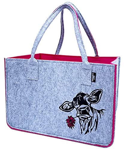 camolo Filztasche Große Einkaufstasche 40x27x27cm Aufbewahrungstasche Kaminholztasche Filz Tasche Shopping-Bag Mit Tragegriff (COW Pink)