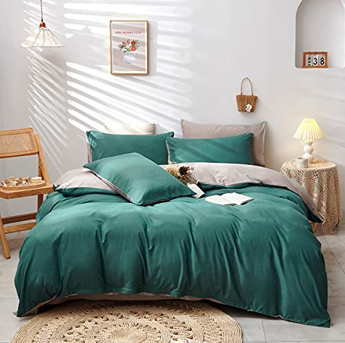 Damier Dunkelgrün Bettwäsche 200×220cm Grün Dunkelgrün Beige Unifarben Bettbezug Set 3 Teilig Superweiches Microfaser Deckenbezug mit Verdecktem Reißverschluss und 2 Kopfkissenbezüge 80 × 80 cm