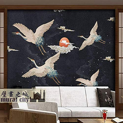 ZZXIAO Japanese Style Japanese Crane Wallpaper Japanese Style Dark Dark System White Crane Wallpaper Ruihe Ukiyo-E Izakaya 3D Wallpaper Paste Living Room The Wall for Bedroom Mural border-250cm×170cm