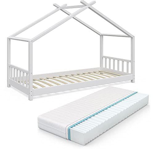 VitaliSpa Hausbett Design, Bett aus Holz, Weiß, 90x200 cm mit Matratze