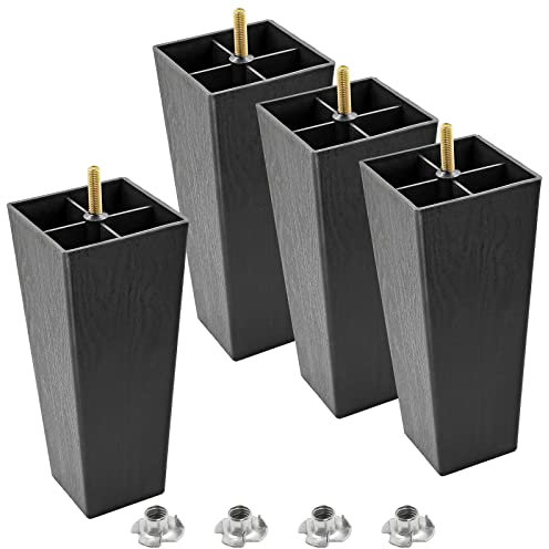 Masendelk M8-1.25 Metric Thread Bolts Plastic Furniture Legs 8 Inch Black Square Sofa Feet with T-Nuts - Couch Feet Replacement - Couch Legs Set of 4