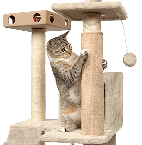Furhaven Wrap Around Scratching Post Cover for Indoor Cats, Fits Posts Up to 3.5 Diameter, Durable & Less Mess - Tiger Tough Carpet Scratch Mat - Cream, Small