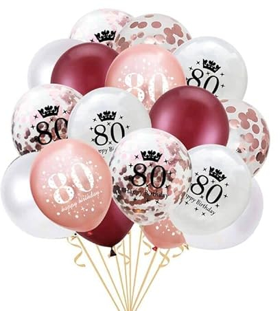 FACHY 80. Geburtstag Luftballons, Weinrot Roségold 80. Geburtstag Latex Konfetti Ballon Bänder für Frauen Mutter Happy 80 Jahre alt Geburtstagsfeier Dekorationen(Roségold)