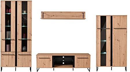 Homestyle4u 2213 Wohnwand 4-teilig Komplett-Set Schrankwand Holz Eiche Wohnzimmer Anbauwand Modern Industrial Style