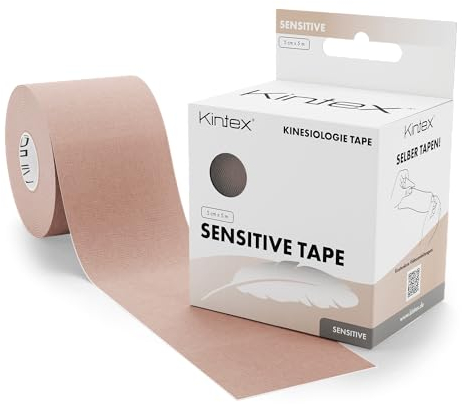 Kintex Kinesiologie Tape Sensitive, 5 cm x 5 m, hautfreundliches & wasserfestes Kinesiologie Tape, Physio Tape für sensible Haut, Medizinisches Tape (Beige)