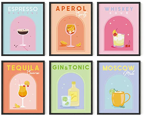 HAUS AND HUES Dänisches Pastell-Poster, Alkohol-Poster, Set mit 6 ästhetischen Cocktail-Postern, adrette Bilder für die Wand, flippige Schlafsaal-Poster für College-Mädchen, bunte Bar-Wandkunst (28,9