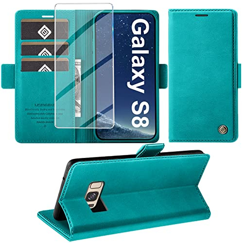 Giyer Handyhülle für Samsung Galaxy S8 Hülle mit Schutzfolie, Schutzhülle Galaxy S8 Standfunktion Premium Leder Wallet Silikon Phone Case Cover Hüllen S8 Klapphüllen 5.8 Zoll (Cyan)