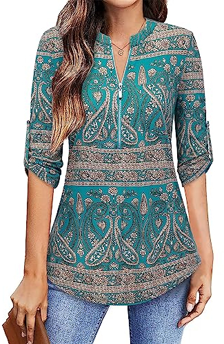 Amrto Damen Bluse 3/4 Ärmel V-Ausschnitt Elegant Damen Oberteile Tunika Blumenmuster Casual Langshirt Hemd T-Shirt Tops Business Outfit Schicke Festliche Blusen, Grün Paisley Medium