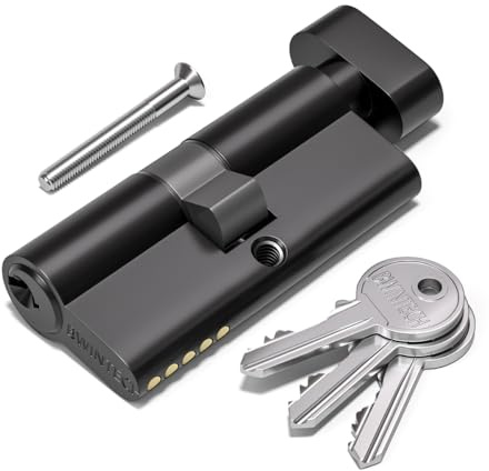 Bwintech 1 Stück 45T/50mm Euro Messingzylinder, 95mm Drehknauf/Schlüsselschloss mit 3 Standard Messingschlüsseln,Anti Picking,Anti Bohr,Anti Snap,Anti Bumping, schwarze Oberfläche