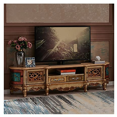 Fernsehständer 78,7-Zoll-Wohnzimmer-TV-Ständer aus Rubberwood, Vintage-TV-Konsole im Distressed-Stil mit handbemaltem und geschnitztem, luxuriösem Media-Center-Tisch mit Massenspeicher Unterhaltungsze
