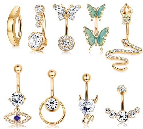 Diamday 9 Stück Bauchnabelpiercing für Frauen Chirurgenstahl CZ Bauchpiercing Kugeln Nabelpiercing Körper Piercing Schmuck Set mit Anhänger Butterfly Schlange Böses Auge Herz Bauchnabelringe Gold
