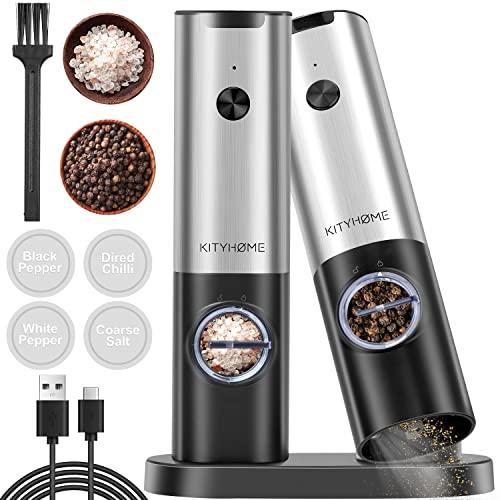Molinillo pimienta con base recargable, pimentero electrico con luz LED y grosería ajustable, Acero inoxidable molinillo electrico con capacidad de 70ml