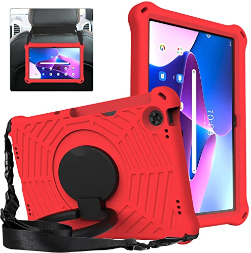 XunyLyee Niños Funda para Lenovo Tab M10 Plus (3rd Gen) 10,61, con Soporte Giratorio de 360° & Bandolera Funda (Rojo)