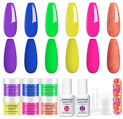 Lavender Violets 6 Farben Dip-Pulver-System Neon heiße Farbe French Nagelkunst Maniküre Dipping Powder Nagelpuder 2 in 1 Basis&Top Coat Aktivator Nagelfeile M205