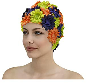 Fashy 3454 - Gorro de natación de Tela con Flores de Nailon, Color Naranja, Azul y Verde