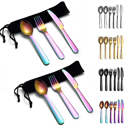 Evanda Set di posate portatili arcobaleno confezione da 2, include cucchiaio da forchetta per coltelli, posate da campeggio colorate in titanio con borsa, per esterni, picnic, campeggio, viaggi