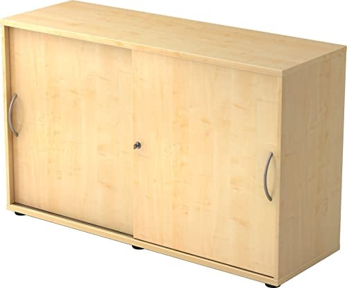 bümö Schiebetürenschrank 2OH - Aktenschrank abschließbar, Sideboard Schrank mit Schiebetüren in Ahorn, Bogengriff - Büroschrank aus Holz mit Schiebetür, Büro Kommode für Ordner & Co.
