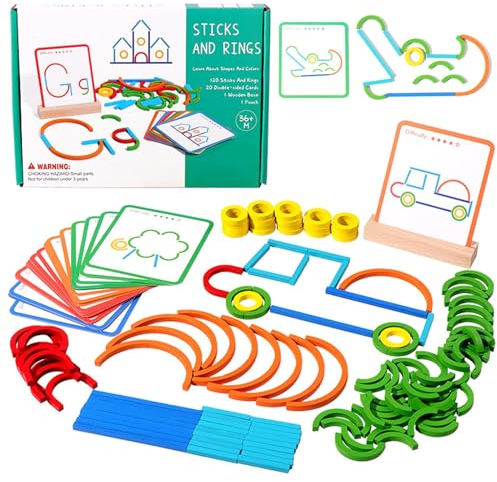 Montessori Spielzeug für Kinder ab 3 4 5 Jahre, 120 Stück Puzzle Stöcke und Ringe mit Karten, Lernspiele Pädagogisches Puzzle Geburtstag Holzpuzzles Geschenk für Jungen Mädchen 3-6 Jahre