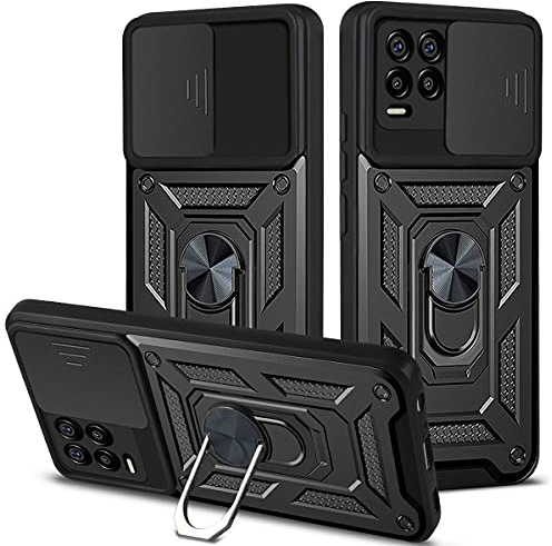 HAOYE Hülle für Realme 8 5G / Realme Narzo30 5G, Handyhülle mit 360 Grad Finger-Halter Kickstand und Verschiebbare Kameraabdeckung, TPU + PC Schutzhülle Case. Schwarz
