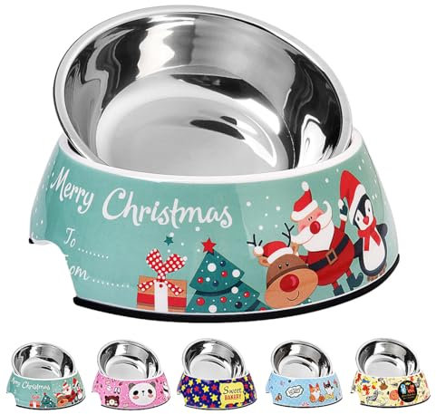 SLZZ Christmas Xmas Pet Dog 2 in 1 Food Water Bowls - Non Slip Skid Proof Heavy Duty Pet Cats Dog Food Water Bowls for Feeding Medium Dogs -Green Christmas-M