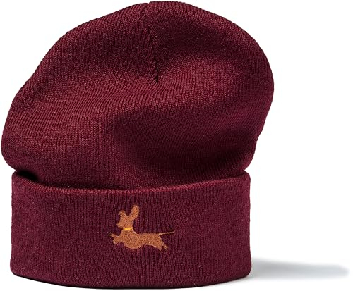 minifan Outdoor Strickmütze Herren & Damen : Dackel - Geschenk für Hundebesitzer Jäger Geschenke - Beanie Männer Mütze Wintermütze Hund (Burgundy)