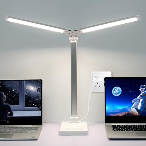 Semlos LED Schreibtischlampe, helle Doppelarm Leselampe mit Nachtlicht, 25 Beleuchtungsmodi, USB Ladeanschluss, Auto Off Timer, Touch Control Tischlampe für Studium, Arbeit, weiß (inkl. Adapter)