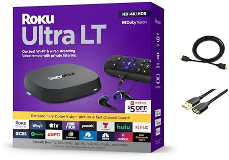 Roku Ultra LT Streaming-Gerät 4K/HDR/Dolby Vision/Dual-Band Wi-Fi Voice Remote und HDMI-Kabel, mit MTC HDMI-Kabel und USB-Verlängerungskabel