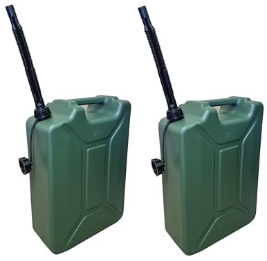 2x Benzinkanister 20L mit flexiblem Ausgießer - Kraftstoffkanister für Benzin & Diesel, Reservekanister mit UN-Zulassung, oliv