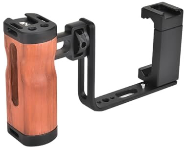 Andoer Universal Smartphone Video Grip for Vlogging, Phone Stabilizer with L-Plate, Extendable Clamp, Wooden Handle, Tripod Mount, Compatible with Cellphone