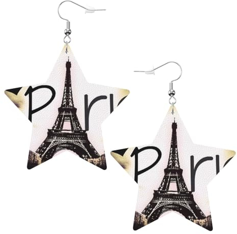 OPSREY Eiffelturm Love Paris bedruckte modische Lederohrringe drapierte Haken-Ohrringe sternförmige Ohrringe, Einheitsgröße, Kunstleder