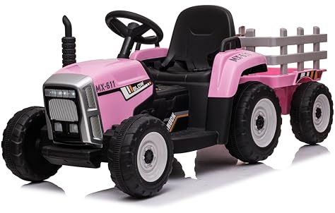 FINOOS Kinder Elektro Traktor 12V mit Schaufel & abnehmbarem Anhänger - Kinder-Elektrofahrzeug mit LED-Licht & Musik & Hupe, 2,4G Fernbedienung, 2-5km/h (Rosa)