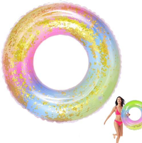 Aufblasbarer Schwimmring FaJoek Schwimming Ring Erwachsene Kinder Regenbogen Pailletten, Schwimmring groß, Regenbogen Schwimmring, Transparent Schwimmreifen (Glitzer Regenbogen)