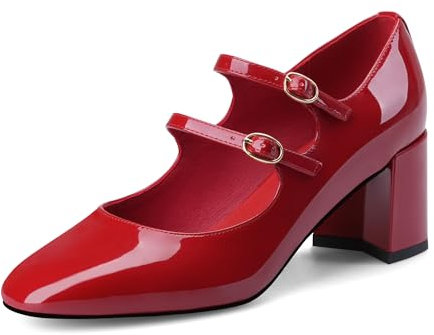 MIRAAZZURRA Damen Pumps Blockabsatz Mary Jane Pump Schuhe Elegant Knöchelriemchen Heel Runde Zehe Lackschuhe mit Schnalle Rot 37