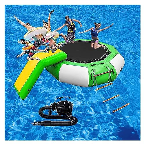 Inflatable Water Trampoline Water Bouncer Splash-Proof Cushioned Inflatable Water Trampoline Swimming Platform, with Escalator and Slide, Including air Pump