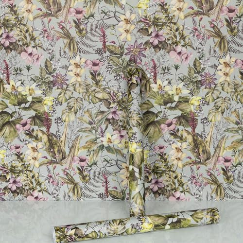 Hode Self Adhesive Wallpaper Green 44cmX300cm, Sticky Back Plastic Patterned Furniture Sticker, Vinyl Wrap Film Roll for Cupboards Shelves, Flowers and Leaves Peel and Stick Wallpaper