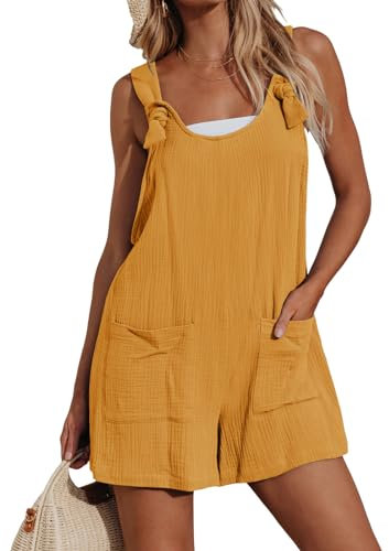 CUPSHE Women's Jumpsuit Pinafore Short Dungarees Scoop Neck Sleeveless Overall Casual Straight Leg Outfit Romper Playsuit with Pockets Yellow L