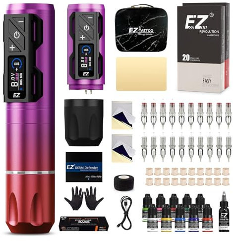 EZ Kit per Tatuaggi - Kit Macchina per Tatuaggi con Macchina per Tatuaggi Senza Fili, Batteria di Alimentazione da 1800mAh, 20Pz Aghi per Cartuccia Tatuaggio (P2S Pro Viola Rosa)