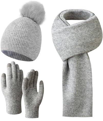 SERENYOU Wintermütze Schal Handschuhe Set Frauen gestrickte Mütze mit Pom Pom Touchscreen Handschuhe Schal 3 in 1 Warmes Set Grau